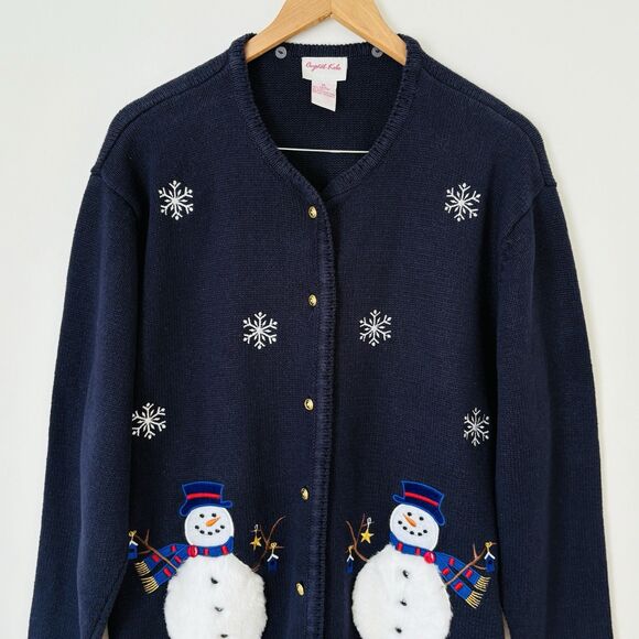VTG Crystal Kobe Christmas Holiday Cardigan Sweater Sz XL Snowflake 3D Snowman - Picture 2 of 6